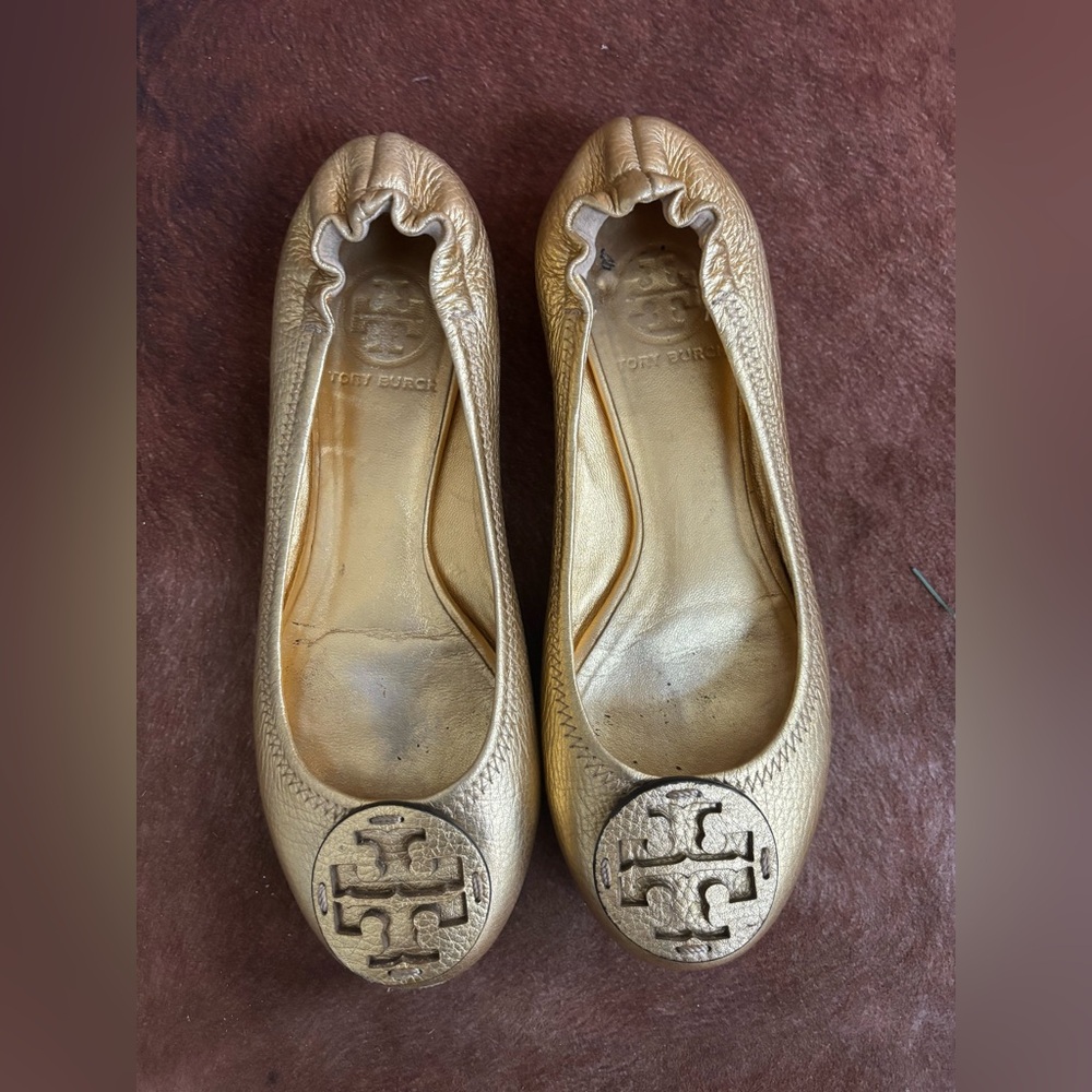 Tory Burch Metallic Gold Leather Logo Ballet Flats